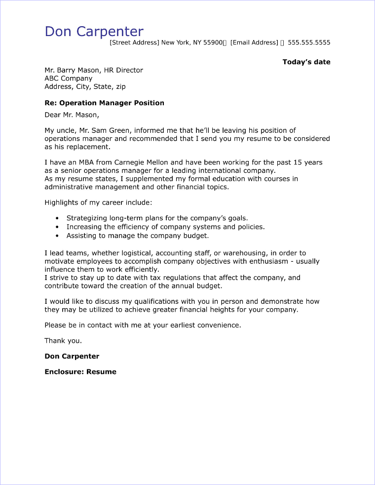 application letter for the post of operation manager