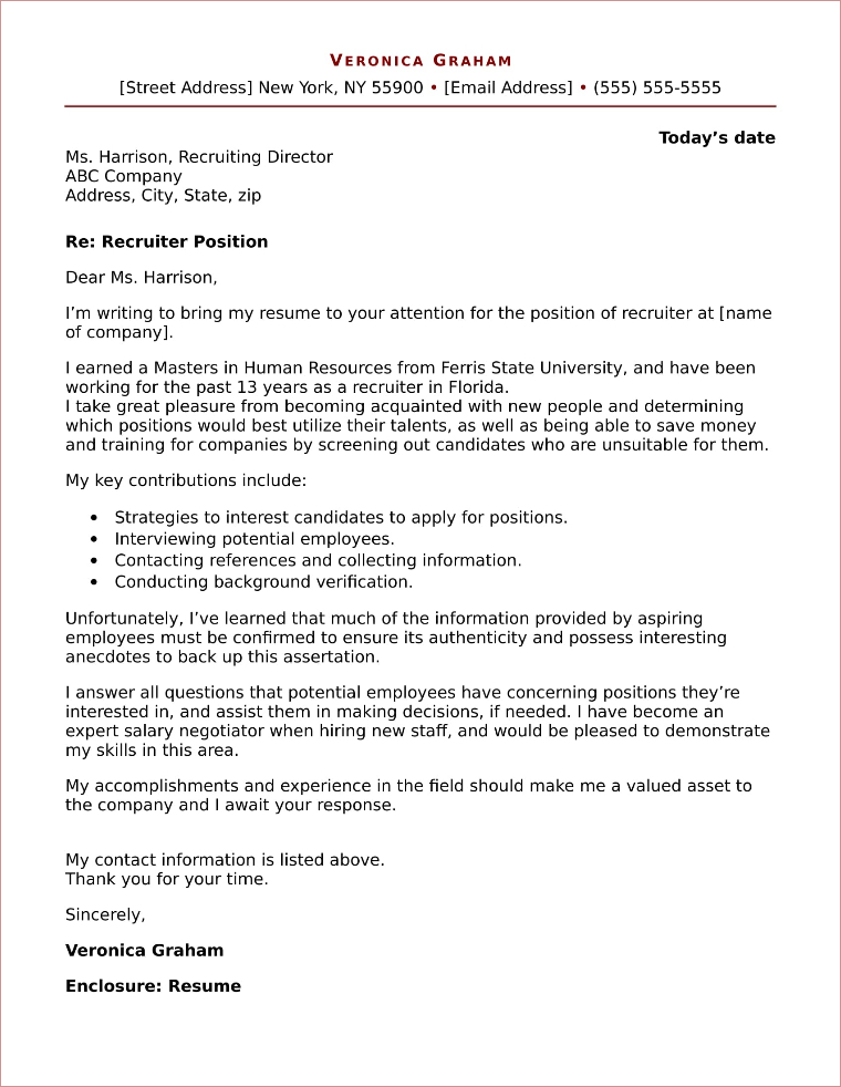 Recruiter Cover Letter Sample