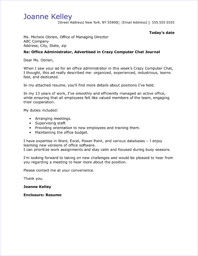 sample cover letter for administrative job