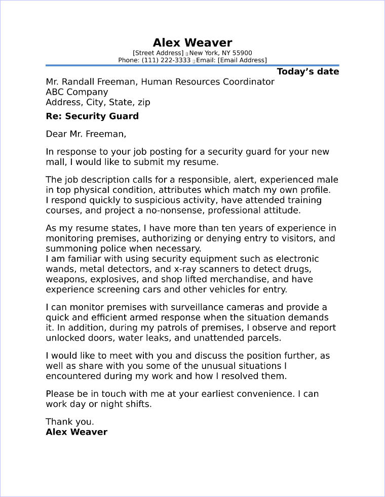 security position application letter for security guard