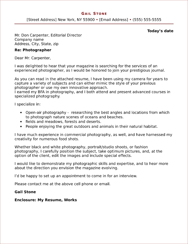 Photographer Cover Letter Sample