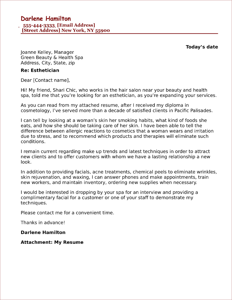 Esthetician Cover Letter Sample