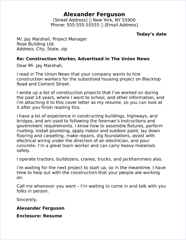 Construction Cover Letter Sample