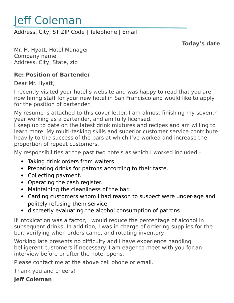 Bartender Cover Letter Sample