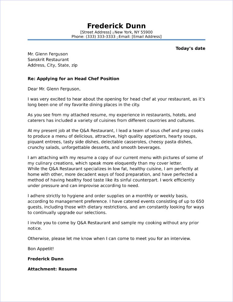 best application letter for chef