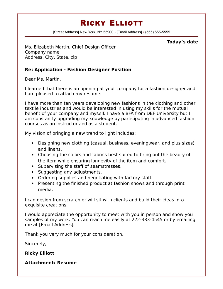 fashion design cover letter internship