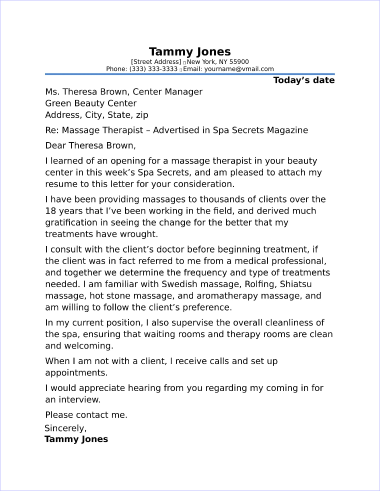 Massage Therapist Cover Letter