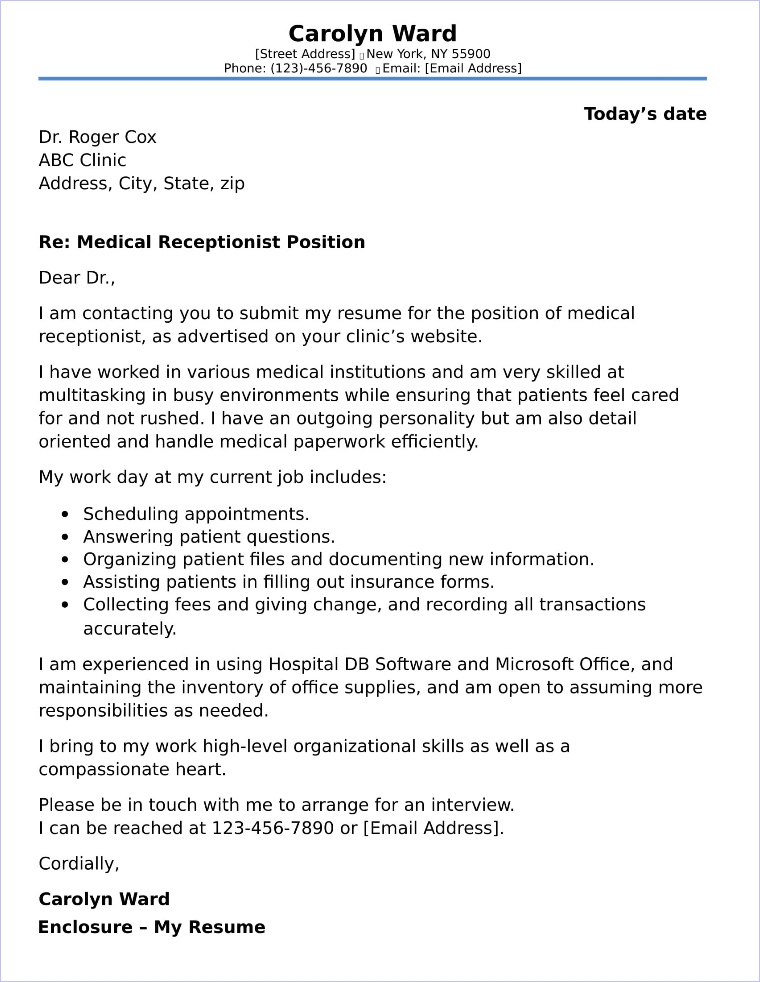 Medical Receptionist Cover Letter Sample