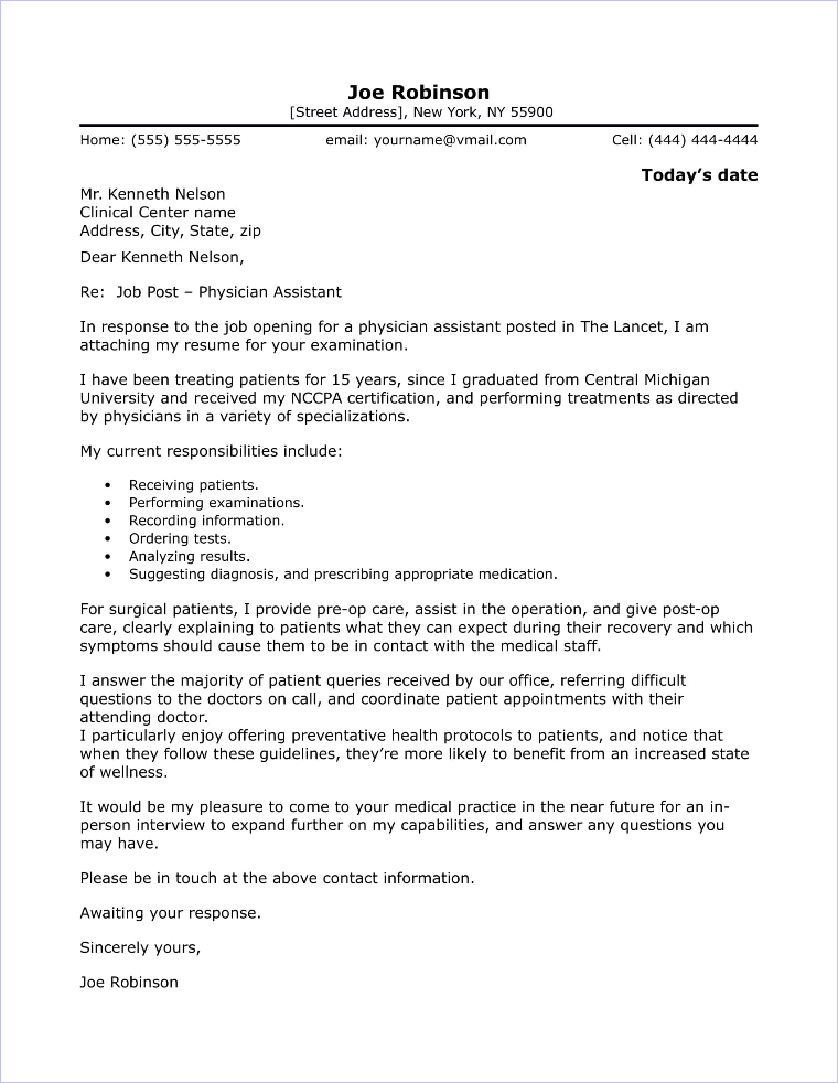 Physician Assistant Cover Letter Sample