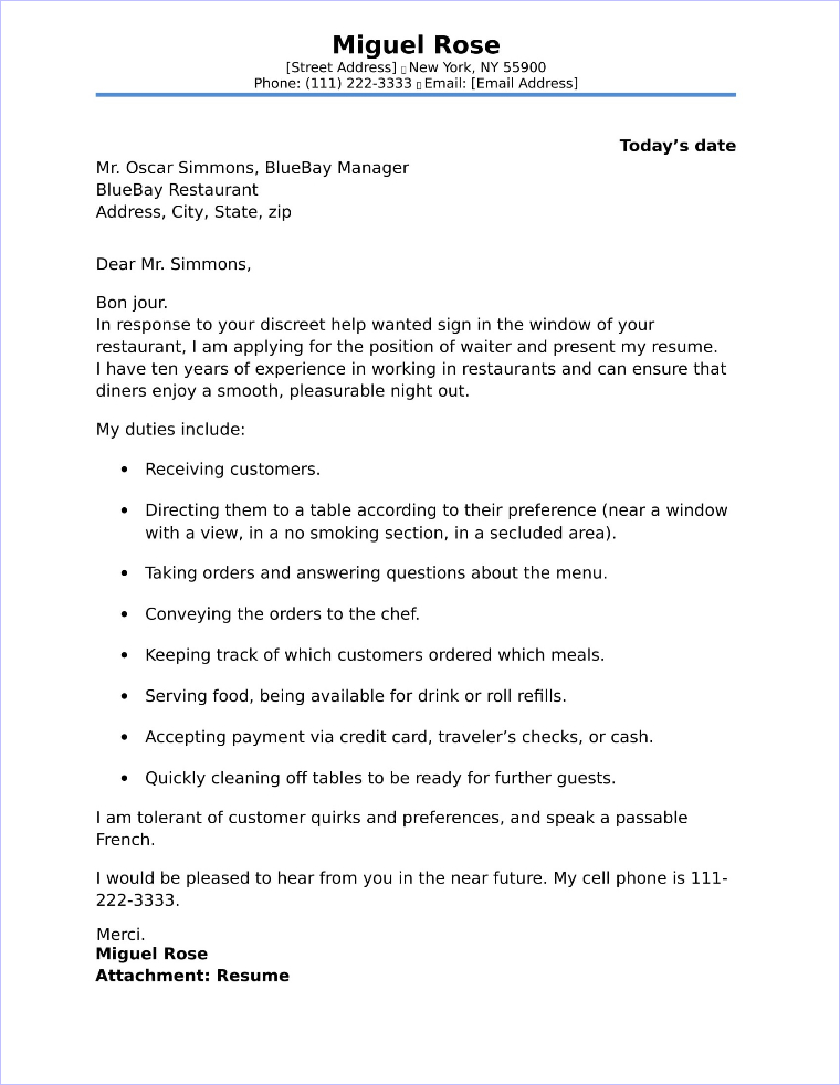 application letter sample for waitress