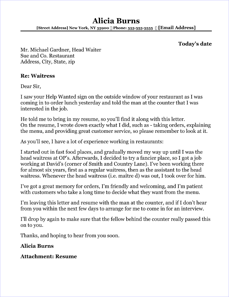 hotel waitress application letter